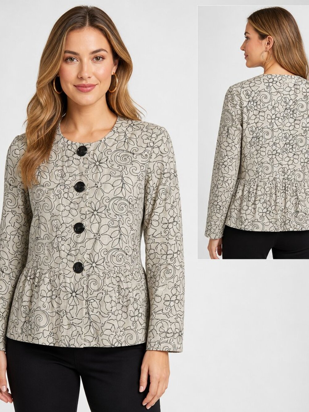 Charter Club Linen Blend Floral Peplum Jacket S Crm/Black Whimsigoth Cottagecore